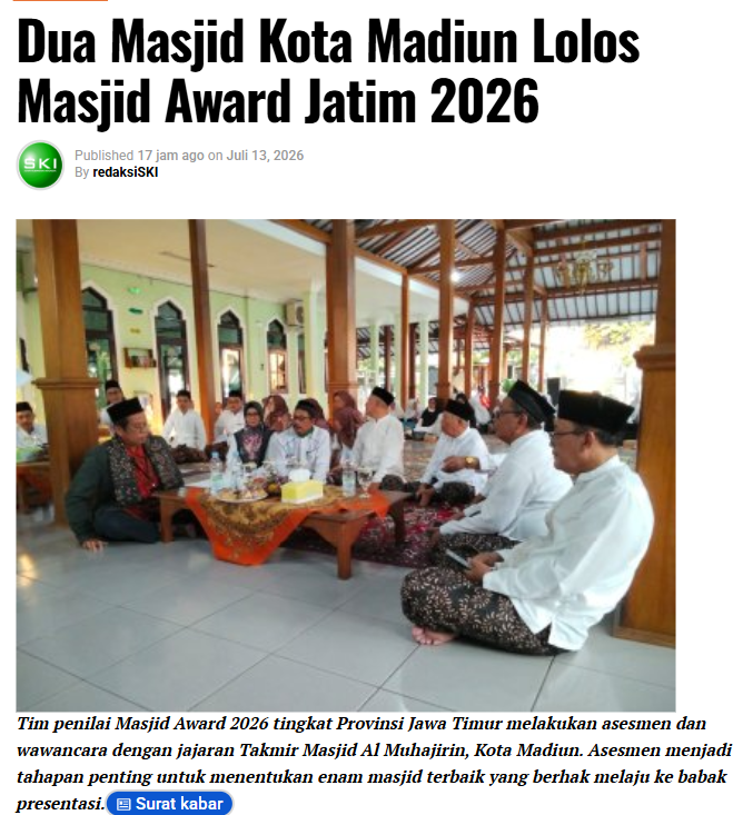 Dua Masjid Kota Madiun Lolos Masjid Award Jatim 2026