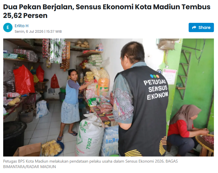 Dua Pekan Berjalan, Sensus Ekonomi Kota Madiun Tembus 25,62 Persen