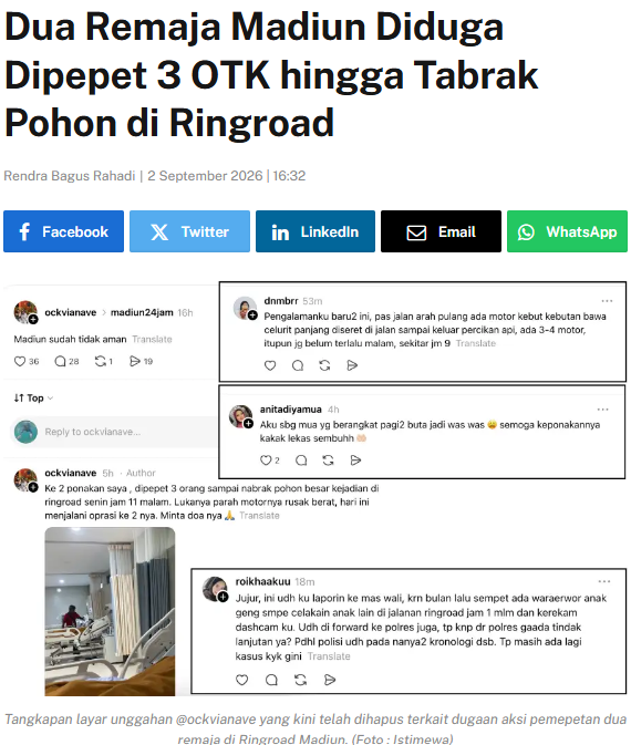 Dua Remaja Madiun Diduga Dipepet 3 OTK hingga Tabrak Pohon di Ringroad