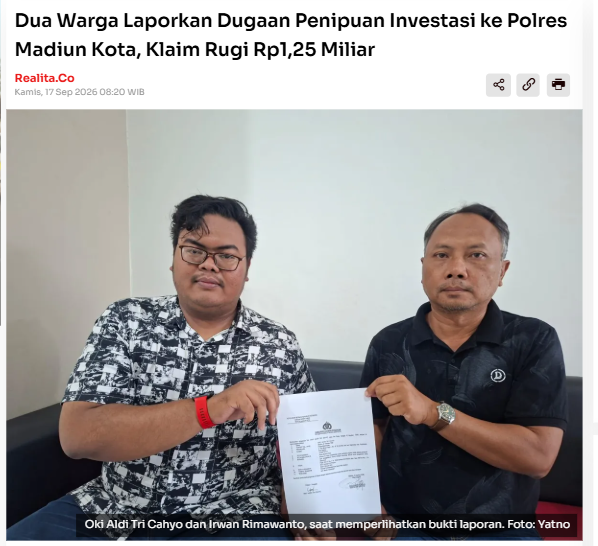 Dua Warga Laporkan Dugaan Penipuan Investasi ke Polres Madiun Kota, Klaim Rugi Rp1,25 Miliar