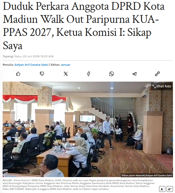 Duduk Perkara Anggota DPRD Kota Madiun Walk Out Paripurna KUA-PPAS 2027, Ketua Komisi I: Sikap Saya