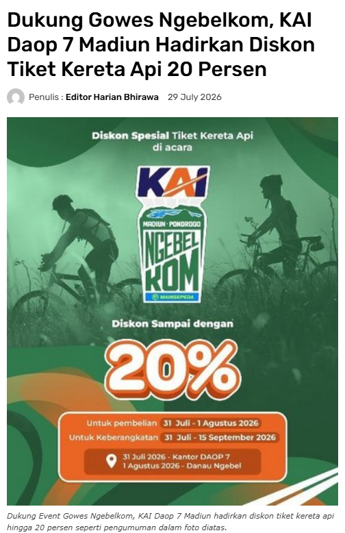 Dukung Gowes Ngebelkom, KAI Daop 7 Madiun Hadirkan Diskon Tiket Kereta Api 20 Persen
