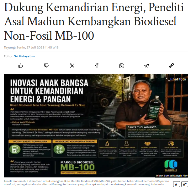 Dukung Kemandirian Energi, Peneliti Asal Madiun Kembangkan Biodiesel Non-Fosil MB-100