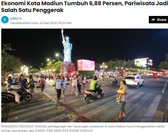 Ekonomi Kota Madiun Tumbuh 6,88 Persen, Pariwisata Jadi Salah Satu Penggerak