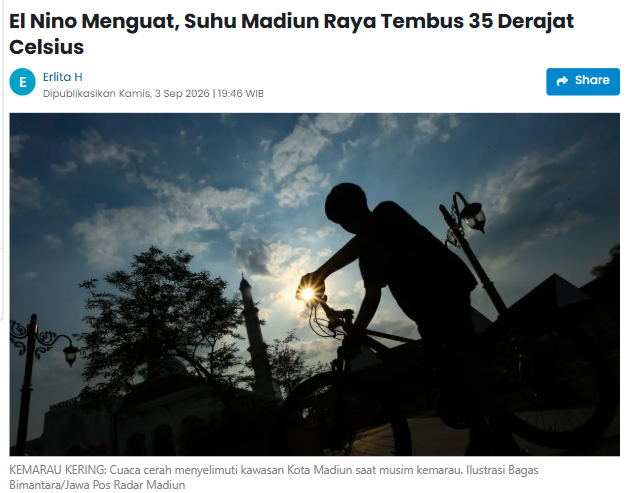 El Nino Menguat, Suhu Madiun Raya Tembus 35 Derajat Celsius