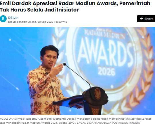Emil Dardak Apresiasi Radar Madiun Awards, Pemerintah Tak Harus Selalu Jadi Inisiator