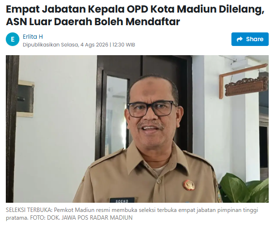 Empat Jabatan Kepala OPD Kota Madiun Dilelang, ASN Luar Daerah Boleh Mendaftar