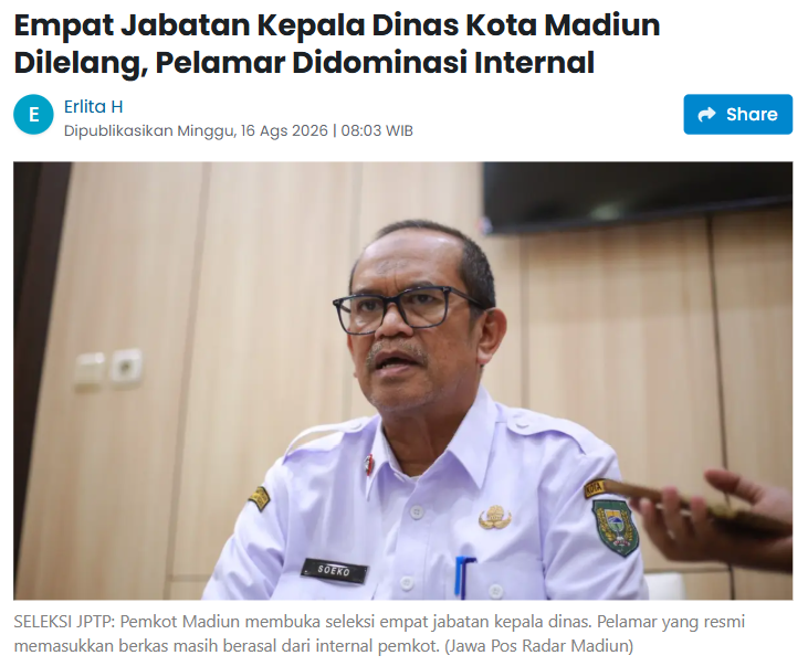 Empat Jabatan Kepala OPD Kota Madiun Dilelang, ASN Luar Daerah Boleh Mendaftar