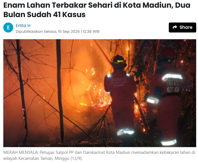 Enam Lahan Terbakar Sehari di Kota Madiun, Dua Bulan Sudah 41 Kasus