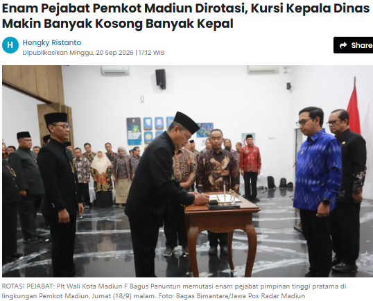 Enam Pejabat Pemkot Madiun Dirotasi, Kursi Kepala Dinas Makin Banyak Kosong Banyak Kepal