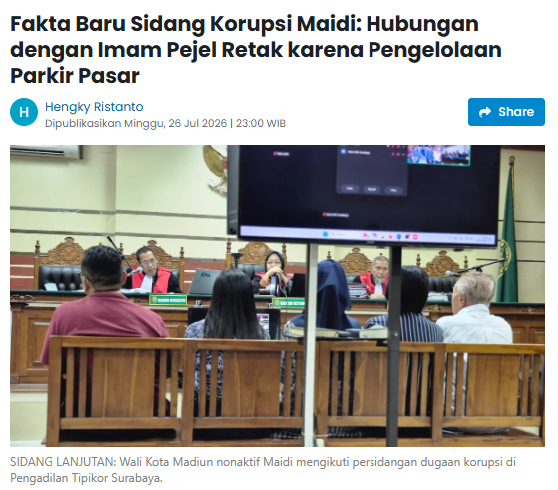 Fakta Baru Sidang Korupsi Maidi: Hubungan dengan Imam Pejel Retak karena Pengelolaan Parkir Pasar