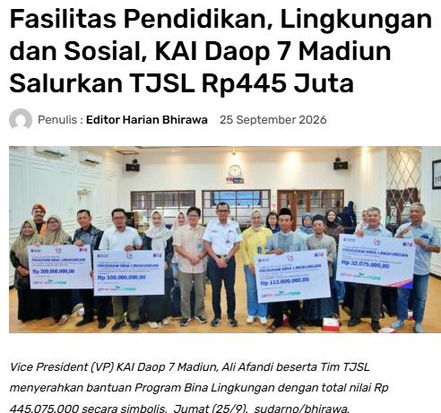 Fasilitas Pendidikan, Lingkungan dan Sosial, KAI Daop 7 Madiun Salurkan TOSI- Rp445 Juta