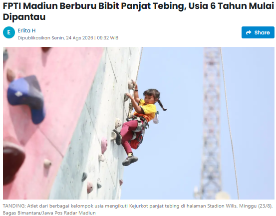 FPTI Madiun Berburu Bibit Panjat Tebing, Usia 6 Tahun Mulai Dipantau