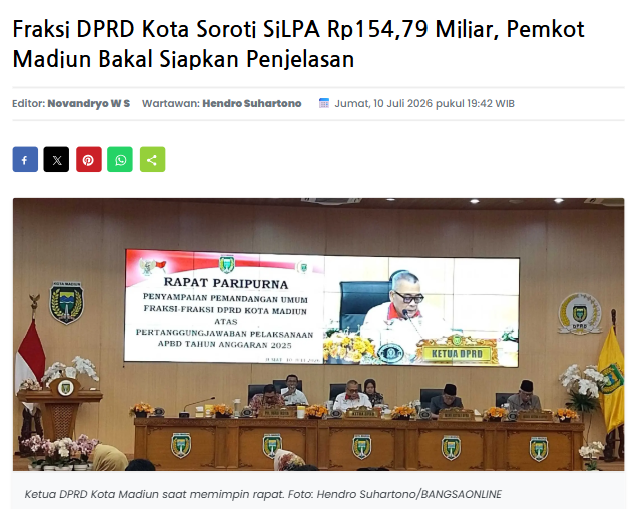 Fraksi DPRD Kota Soroti SiLPA Rp154,79 Miliar, Pemkot Madiun Bakal Siapkan Penjelasan