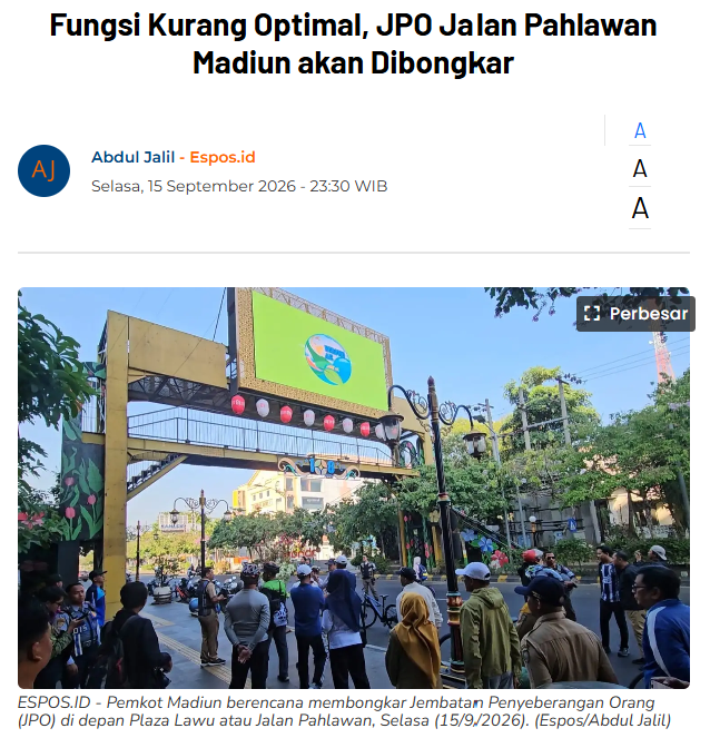 Fungsi Kurang Optimal, JPO Jalan Pahlawan Madiun akan Dibongkar