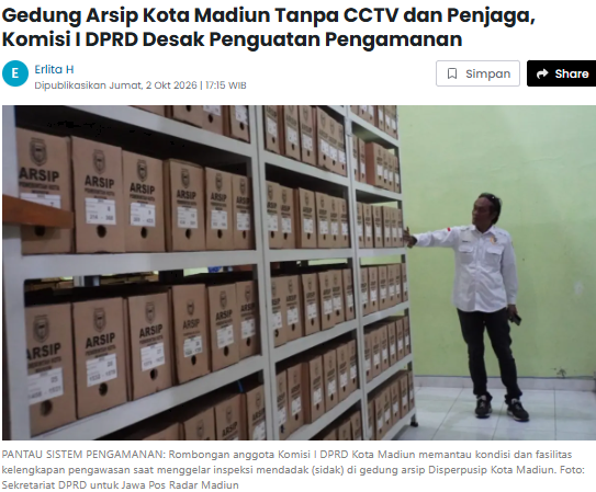 Gedung Arsip Kota Madiun Tanpa CCTV dan Penjaga, Komisi I DPRD Desak Penguatan Pengamanan