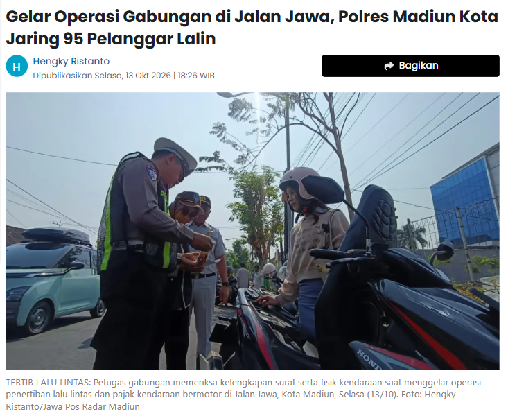 Gelar Operasi Gabungan di Jalan Jawa, Polres Madiun Kota Jaring 95 Pelanggar Lalin