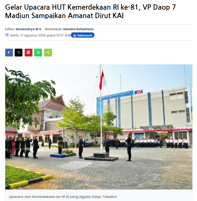 Gelar Upacara HUT Kemerdekaan RI ke-81, VP Daop 7 Madiun Sampaikan Amanat Dirut KAI