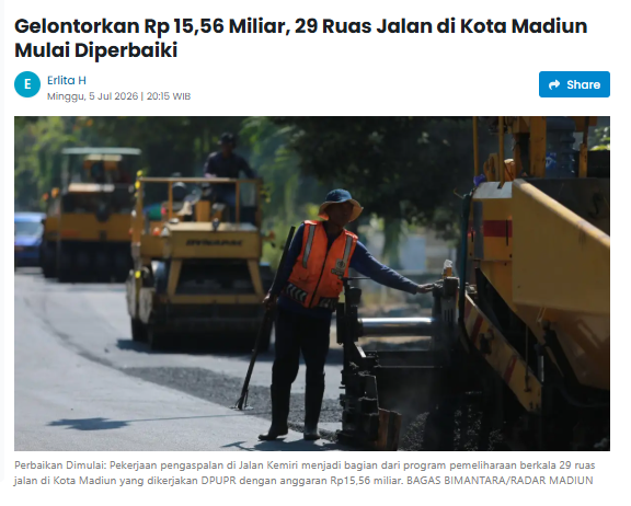 Gelontorkan Rp 15,56 Miliar, 29 Ruas Jalan di Kota Madiun Mulai Diperbaiki