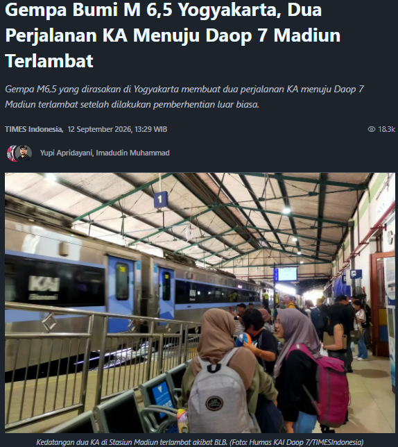 Gempa Bumi M 6,5 Yogyakarta, Dua Perjalanan KA Menuju Daop 7 Madiun Terlambat