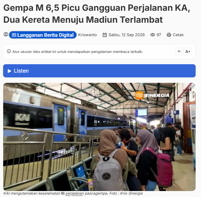 Gempa M 6,5 Picu Gangguan Perjalanan KA, Dua Kereta Menuju Madiun Terlambat