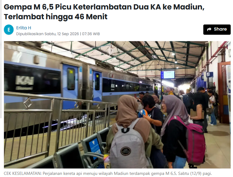 Gempa M 6,5 Picu Keterlambatan Dua KA ke Madiun, Terlambat hingga 46 Menit