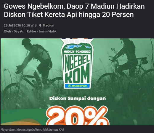 Gowes Ngebelkom, Daop 7 Madiun Hadirkan Diskon Tiket Kereta Api hingga 20 Persen