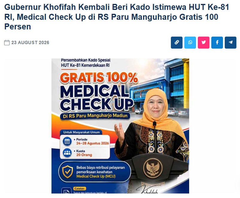 Gubernur Khofifah Kembali Beri Kado Istimewa HUT Ke-81 RI, Medical Check Up di RS Paru Manguharjo Gratis 100 Persen