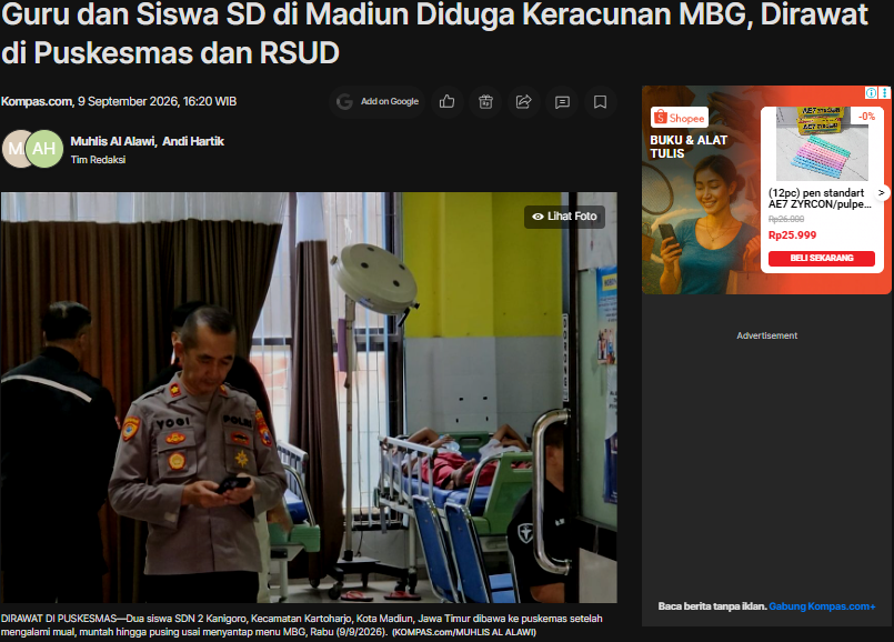 Guru dan Siswa SD di Madiun Diduga Keracunan MBG, Dirawat di Puskesmas dan RSUD