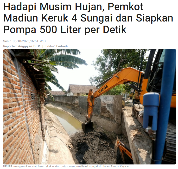Hadapi Musim Hujan, Pemkot Madiun Keruk 4 Sungai dan Siapkan Pompa 500 Liter per Detik
