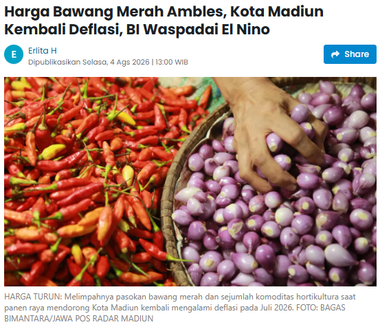 Harga Bawang Merah Ambles, Kota Madiun Kembali Deflasi, BI Waspadai El Nino