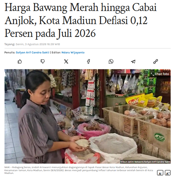 Harga Bawang Merah hingga Cabai Anjlok, Kota Madiun Deflasi 0,12 Persen pada Juli 2026