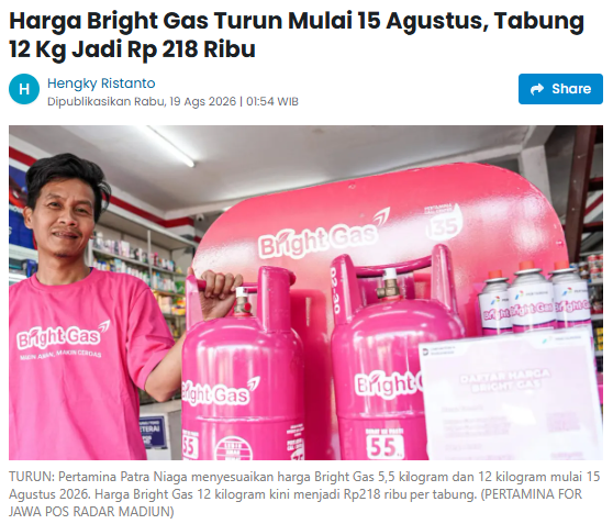 Harga Bright Gas Turun Mulai 15 Agustus, Tabung 12 Kg Jadi Rp 218 Ribu