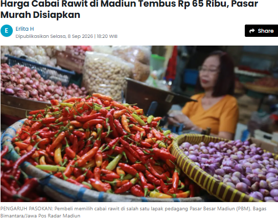 Harga Cabai Rawit di Madiun Tembus Rp 65 Ribu, Pasar Murah Disiapkan