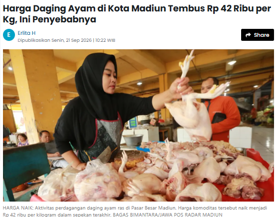 Harga Daging Ayam di Kota Madiun Tembus Rp 42 Ribu per Kg, Ini Penyebabnya