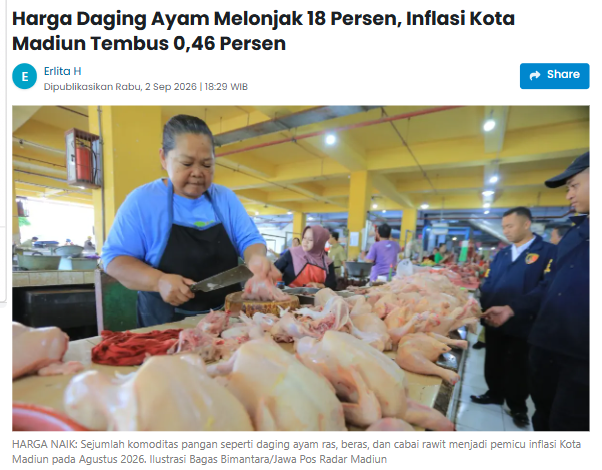 Harga Daging Ayam Melonjak 18 Persen, Inflasi Kota Madiun Tembus 0,46 Persen