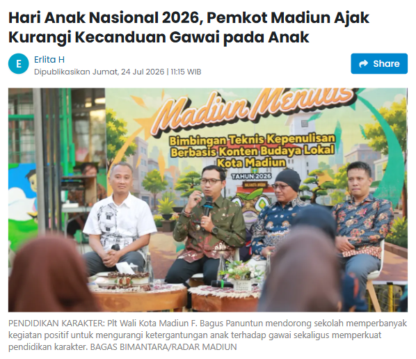 Hari Anak Nasional 2026, Pemkot Madiun Ajak Kurangi Kecanduan Gawai pada Anak