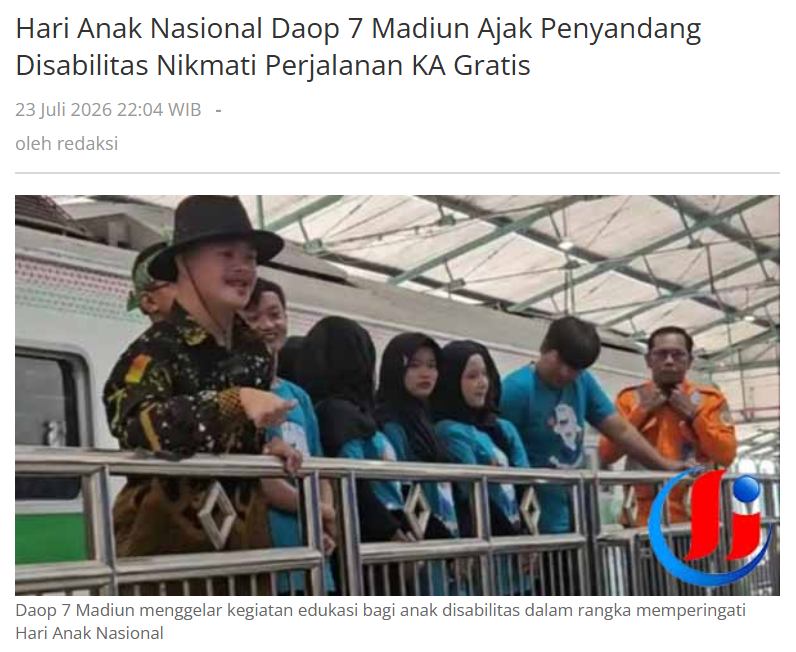 Hari Anak Nasional Daop 7 Madiun Ajak Penyandang Disabilitas Nikmati Perjalanan KA Gratis