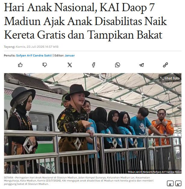 Hari Anak Nasional, KAI Daop 7 Madiun Ajak Anak Disabilitas Naik Kereta Gratis dan Tampikan Bakat