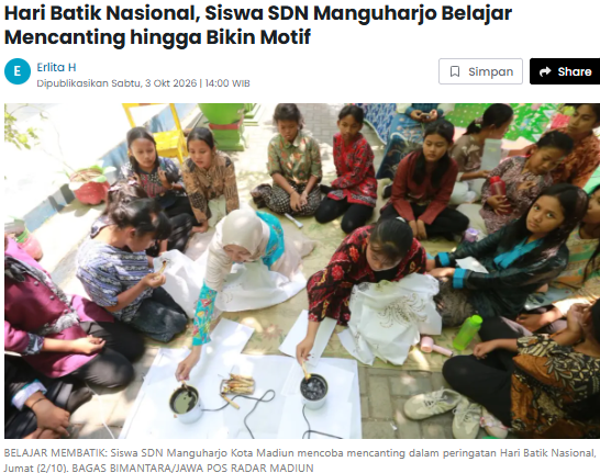 Hari Batik Nasional, Siswa SDN Manguharjo Belajar Mencanting hingga Bikin Motif