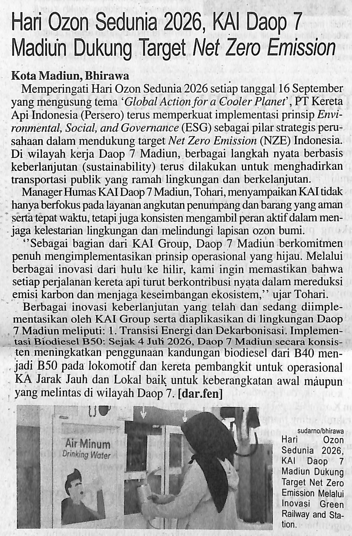 Hari Ozon Sedunia 2026, KAI Daop 7 Madiun Dukung Target Net Zero Emission