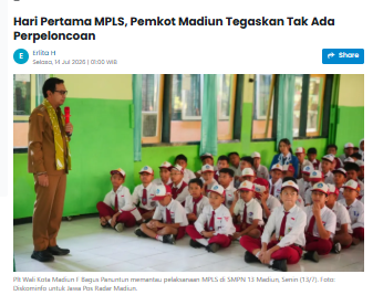 Hari Pertama MPLS, Pemkot Madiun Tegaskan Tak Ada Perpeloncoan