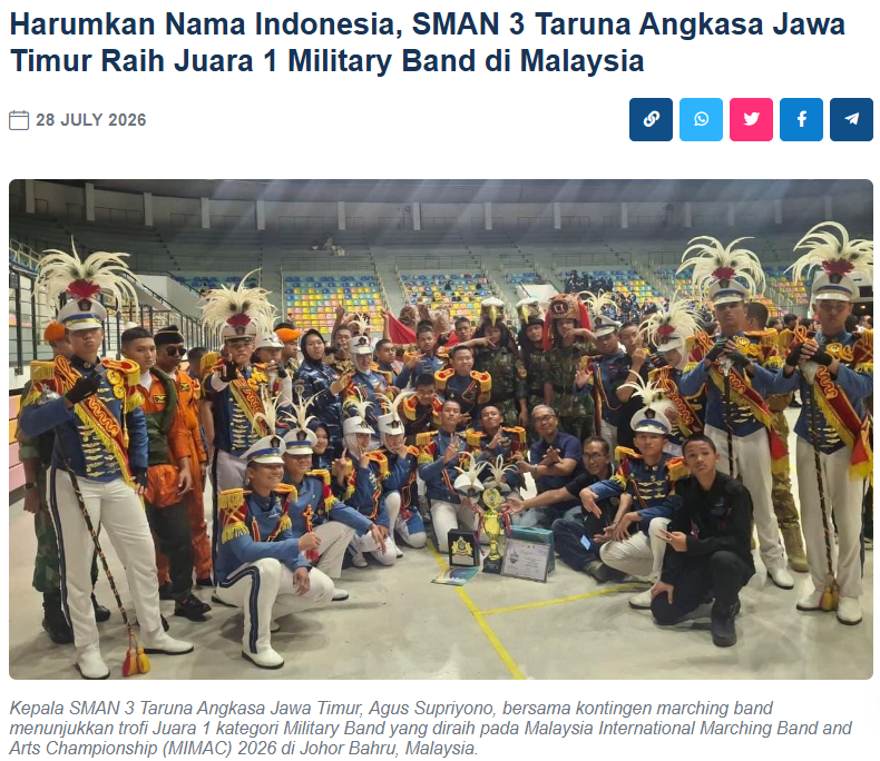 Harumkan Nama Indonesia, SMAN 3 Taruna Angkasa Jawa Timur Raih Juara 1 Military Band di Malaysia
