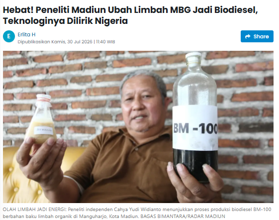 Hebat! Peneliti Madiun Ubah Limbah MBG Jadi Biodiesel, Teknologinya Dilirik Nigeria