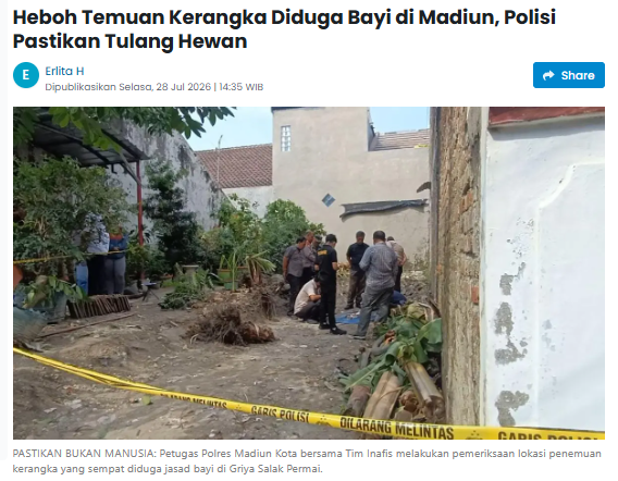 Heboh Temuan Kerangka Diduga Bayi di Madiun, Polisi Pastikan Tulang Hewan