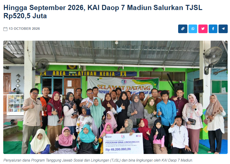 Hingga September 2026, KAI Daop 7 Madiun Salurkan TJSL Rp520,5 Juta