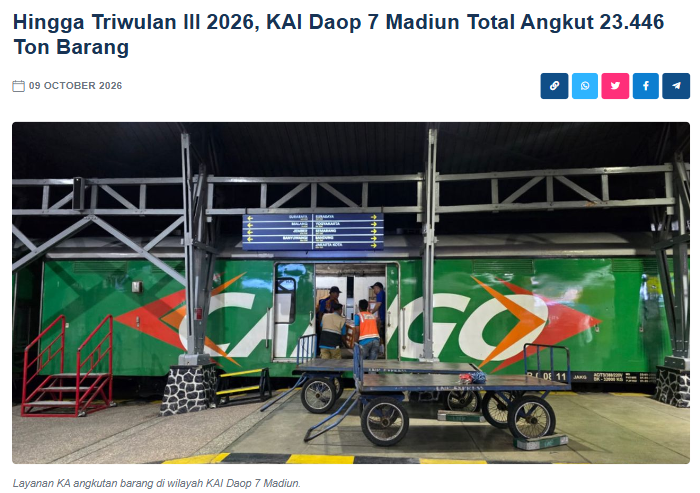 Hingga Triwulan III 2026, KAI Daop 7 Madiun Total Angkut 23.446 Ton Barang