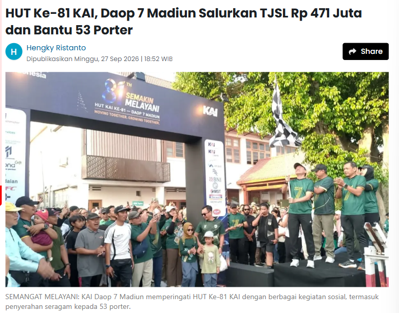 HUT Ke-81 KAI, Daop 7 Madiun Salurkan TJSL Rp 471 Juta dan Bantu 53 Porter