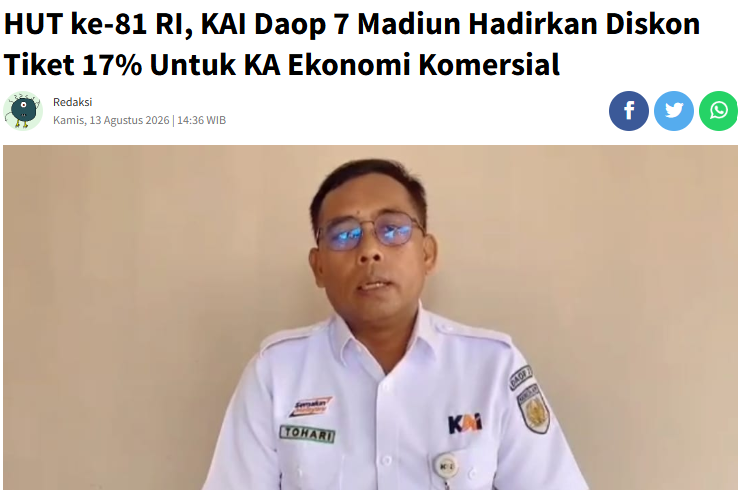 HUT ke-81 RI, KAI Daop 7 Madiun Hadirkan Diskon Tiket 17% Untuk KA Ekonomi Komersial