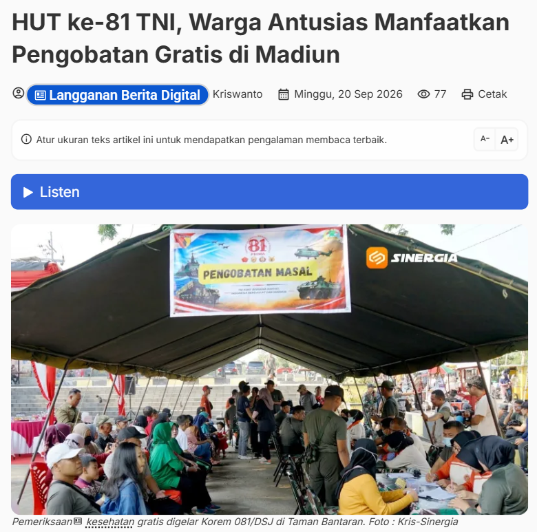HUT ke-81 TNI, Warga Antusias Manfaatkan Pengobatan Gratis di Madiun